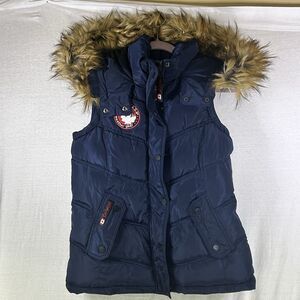 Canada Weather Gear Blue Puffer Vest with Fur Hood Women’s size Small